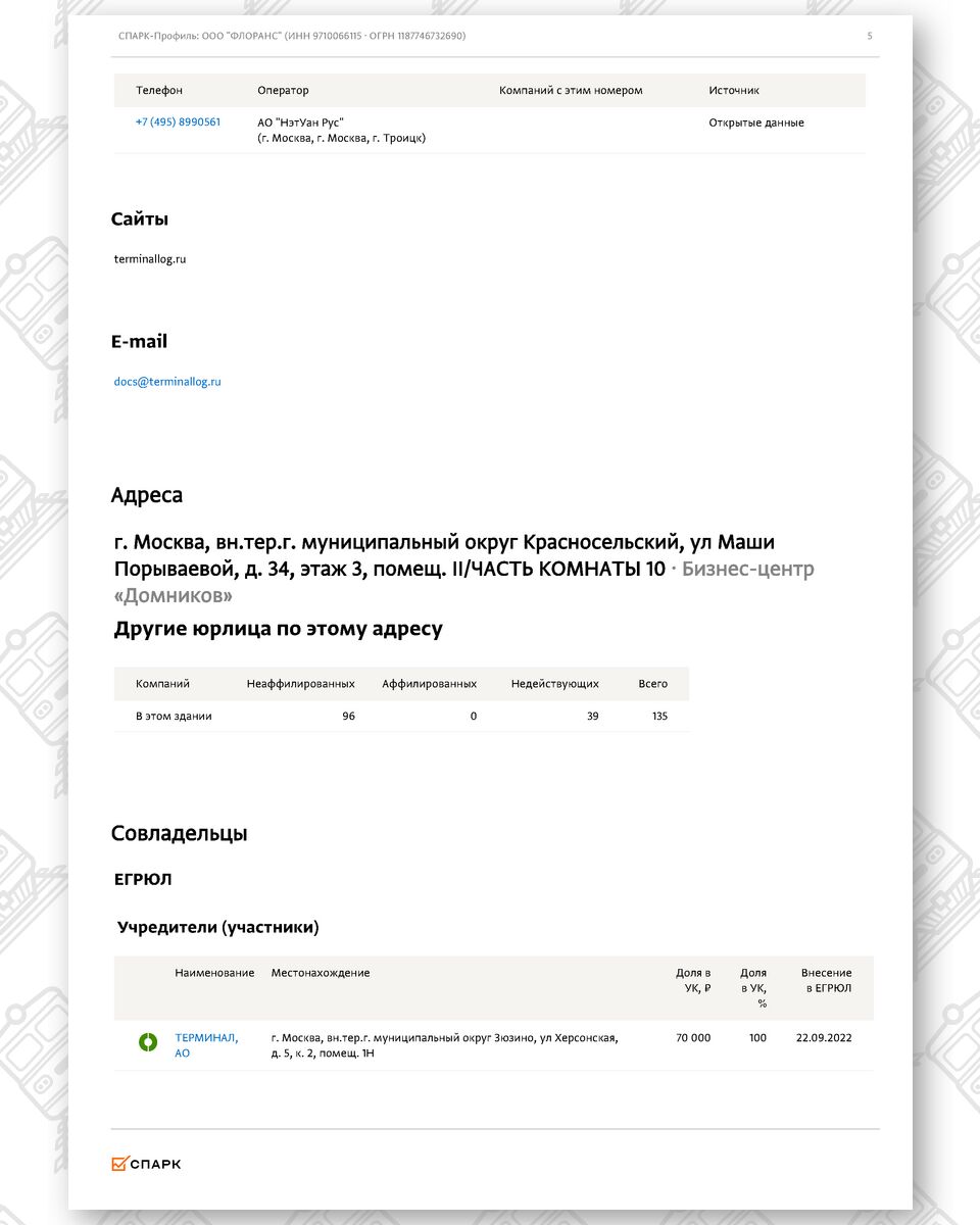 Выписка из СПАРК-Интерфакс (общие сведения) по компании ООО «ФЛОРАНС» (Страница 5 из 7)